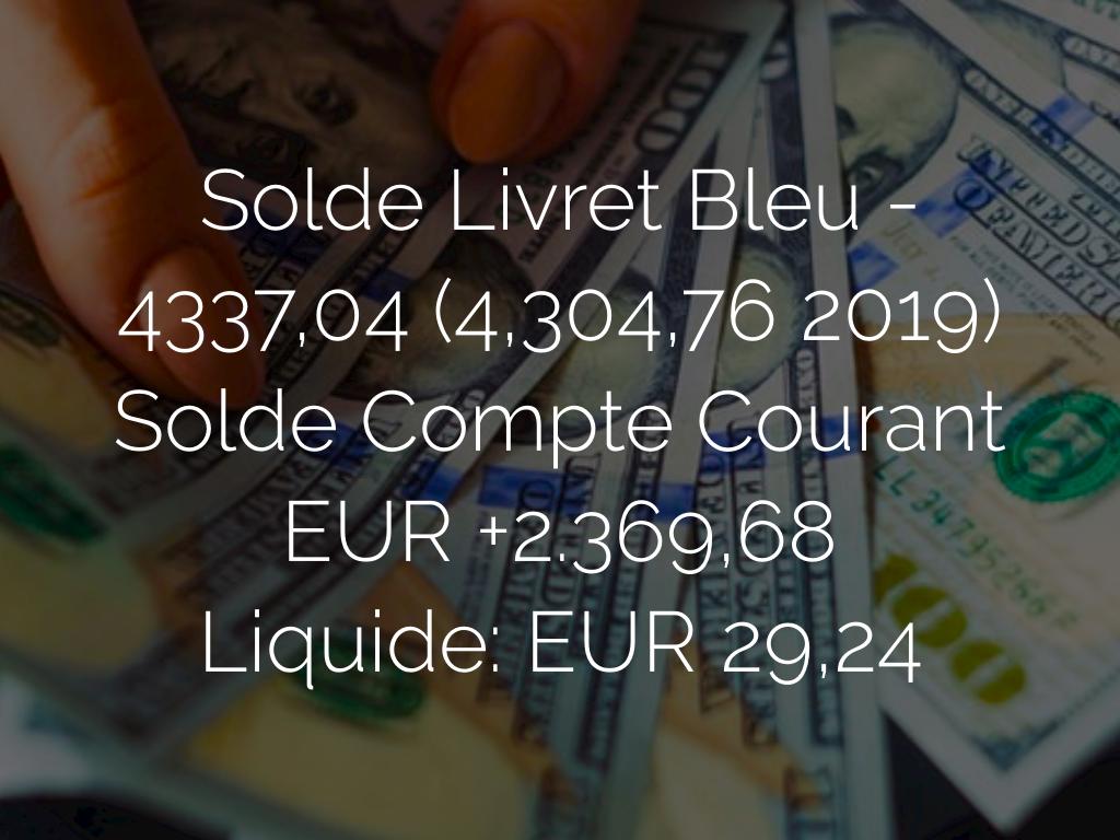 <span style="font-weight: lighter;">Solde Livret Bleu - </span>  EUR +4,304,76 Solde Compte Courant EUR +2.369,68
