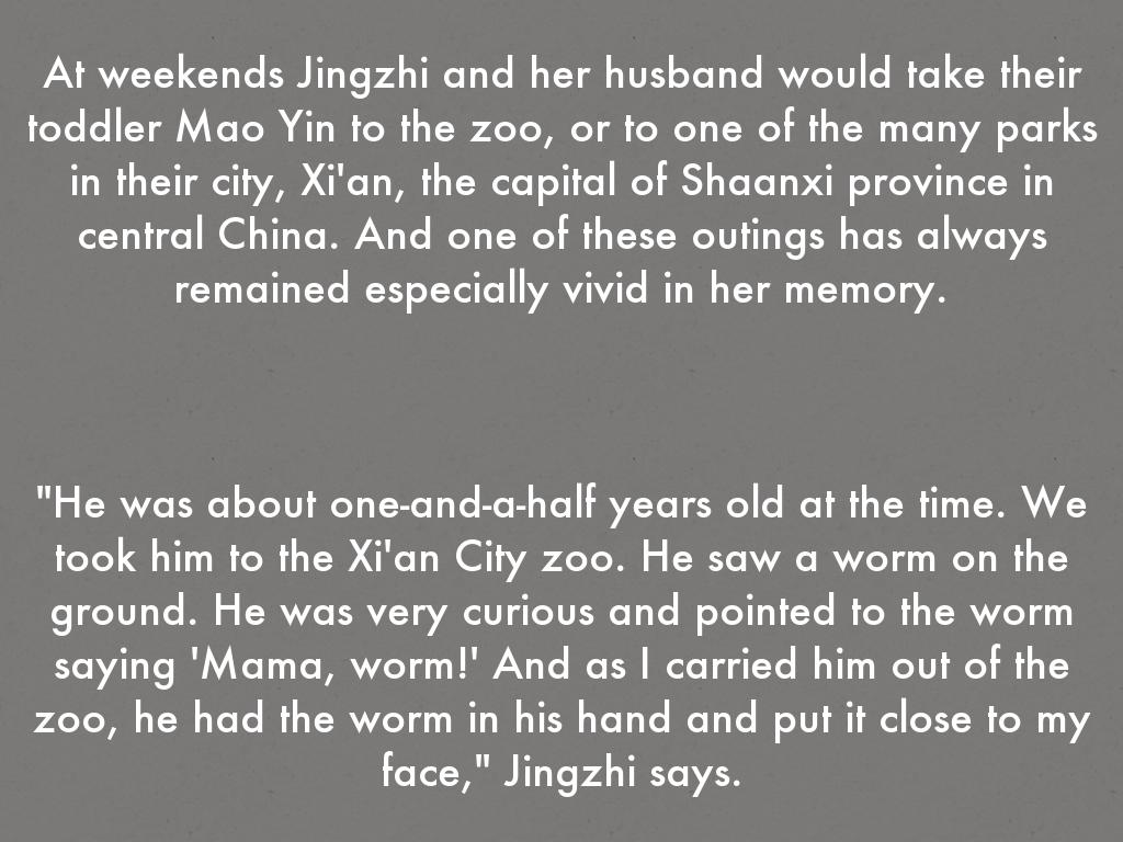 At weekends Jingzhi and her husband would take their toddler Mao Yin to the zoo, or to one of the many parks in their city, Xi'an, the capital of Shaanxi province in central China. And one of these outings has always remained especially vivid in her memory.    "He was about one-and-a-half years old at the time. We took him to the Xi'an City zoo. He saw a worm on the ground. He was very curious and pointed to the worm saying 'Mama, worm!' And as I carried him out of the zoo, he had the worm in his hand and put it close to my face," Jingzhi says.